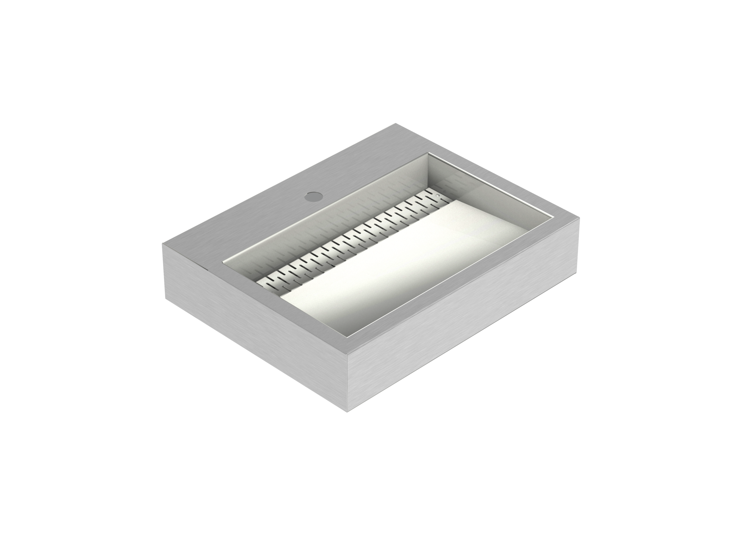 Designer stainless steel washbasin with slot drain, without rear rim or tap, with d=33mm opening — AUM 035 SO