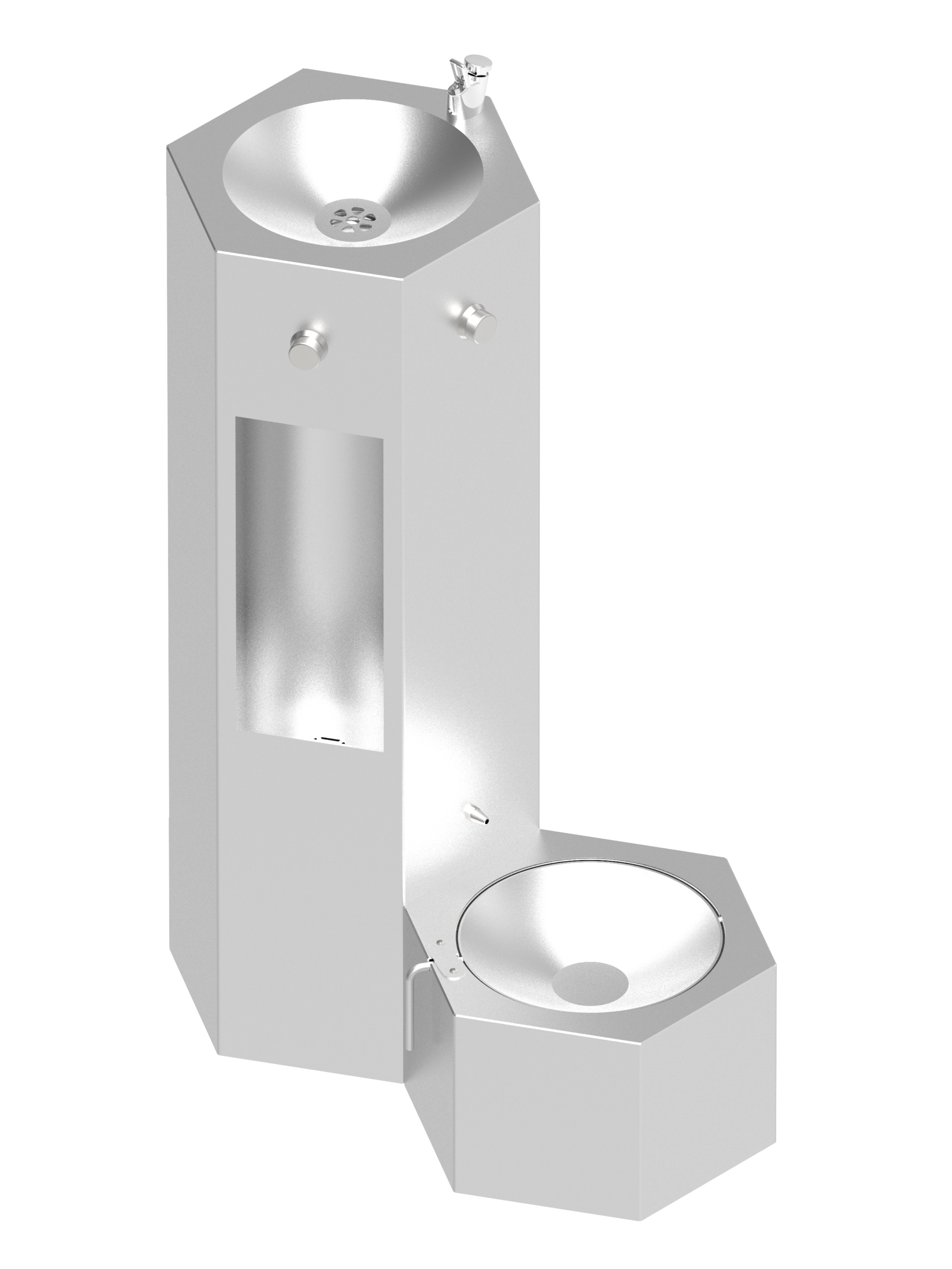 AFO 07, hexagonal, freestanding, 3 in 1. Operated with push valves. Tipping bowl for dogs. Material: AISI 304. Matt surface — AFO 07 VT